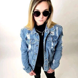Ripped Faded Wash Denim Jean Trucker Jacket - L